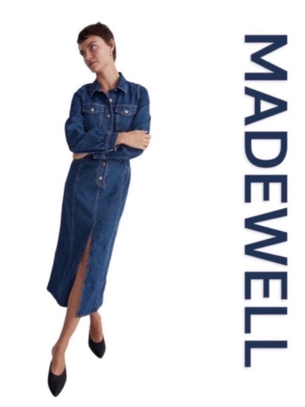 MADEWELL Midi Shirtdress in Glissan Wash, Pockets Front/Back, Size 8.